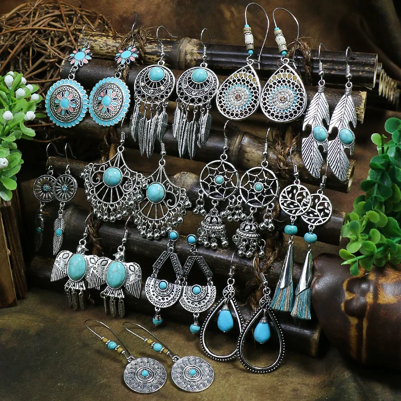 

Vintage Inlaid Turquoise Silver Color Earrings Women's Elegant Generous Alloy Dangle Earrings Boho Ethnic Jewelry Accessories