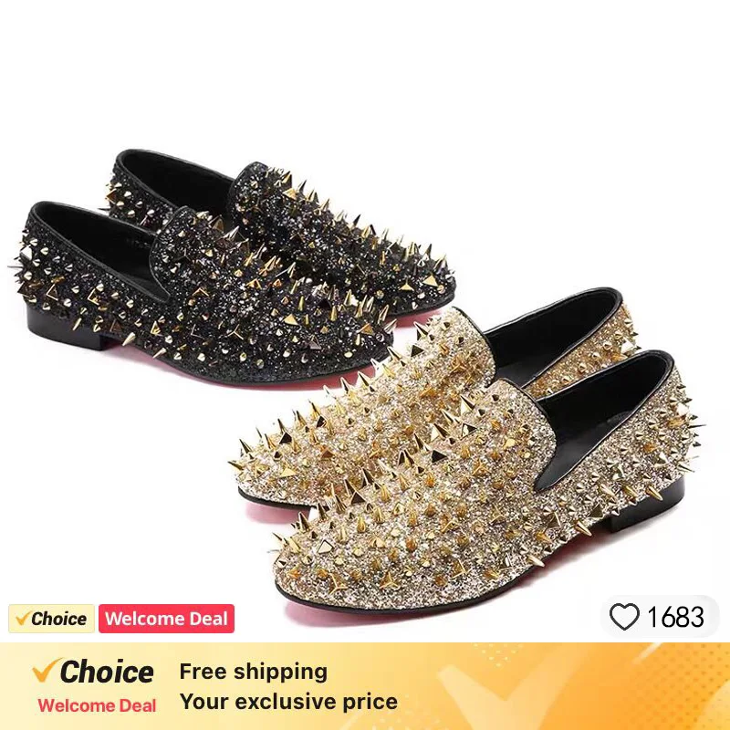 

Fashion Silver And Gold Bling Spikes Loafers Shoes For Men Luxury Handmade Slip On Mens Dress Shoes Wedding Shoes