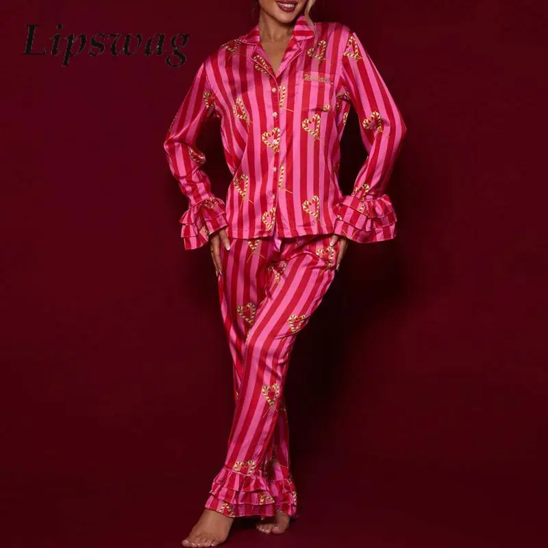 Casual Comfort Women Sleepwear Lapel Single-breasted Shirt Style Pajamas Spring Autumn Ruffle Flare Sleeve Tops + Loose Pant Set
Casual Comfort Women Sleepwear Lapel Single-breasted Shirt Style Pajamas Spring Autumn Ruffle Flare Sleeve Tops + Loose Pant Set