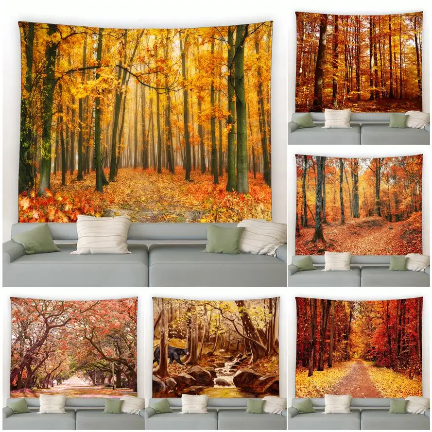 

Autumn Forest Landscape Tapestry Red Maple Leaf Fallen Leaves Rural Nature Scenic Garden Wall Hanging Home Room Decor Picnic Mat