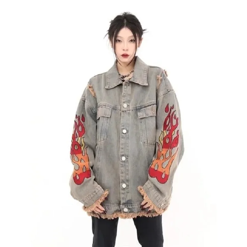 Denim Jacket Women Spring Autumn 2023 New Style Washed Raw Edge Flame Embroidery Jeans Coat Fashion Casual Outerwear womens Top
Denim Jacket Women Spring Autumn 2023 New Style Washed Raw Edge Flame Embroidery Jeans Coat Fashion Casual Outerwear womens Top