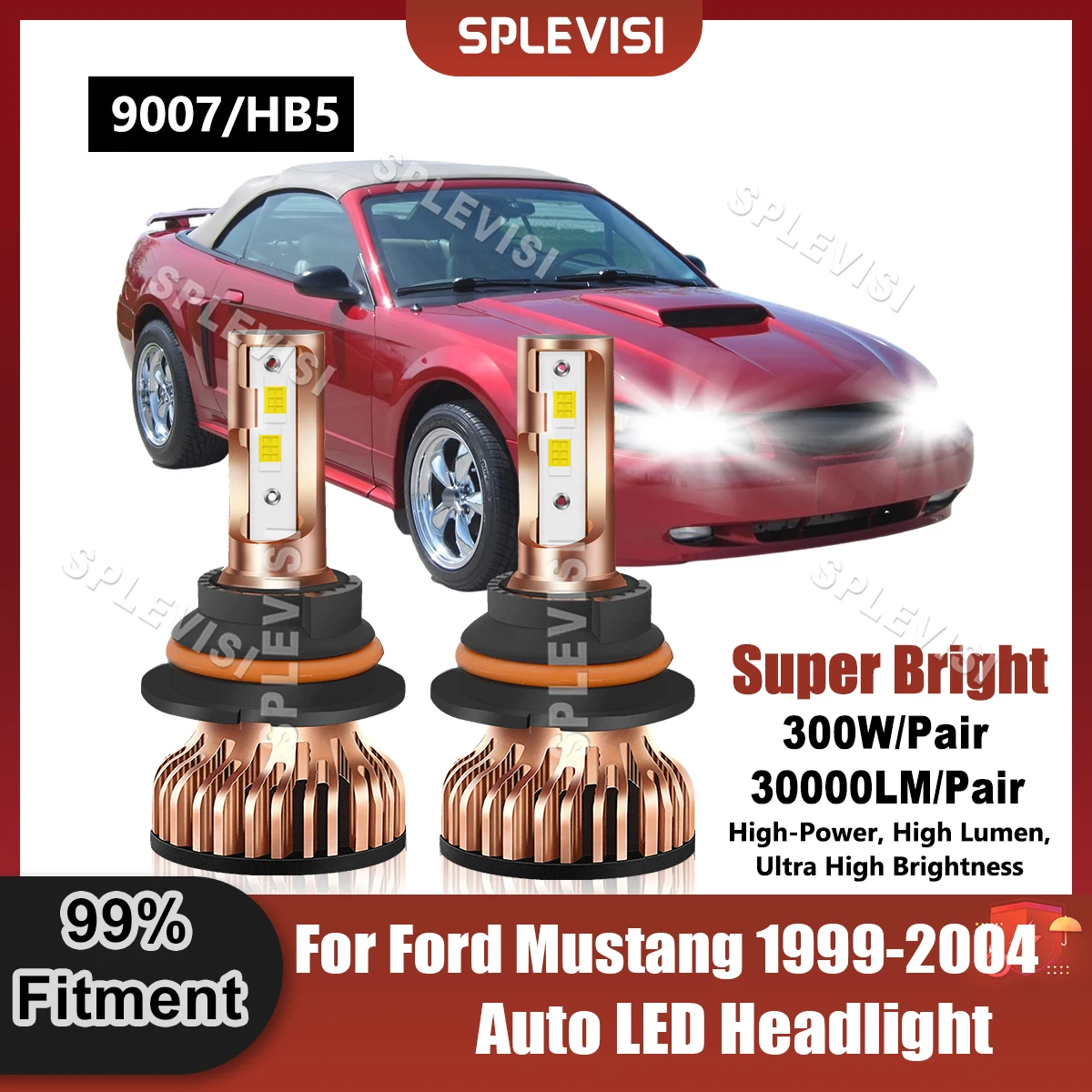 

2PCS 9007/HB5 LED Headlight High Low Beam Bulbs 9V-24V 300W 30000LM For Ford Mustang 1999 2000 2001 2002 2003 2004