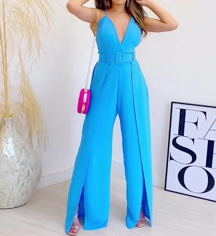 

Women's Elegant Jumpsuit Fresh and Sweet Casual Solid Color Suspender V-neck Sleeveless High Waist Slit Wide Leg Pants Jumpsuit