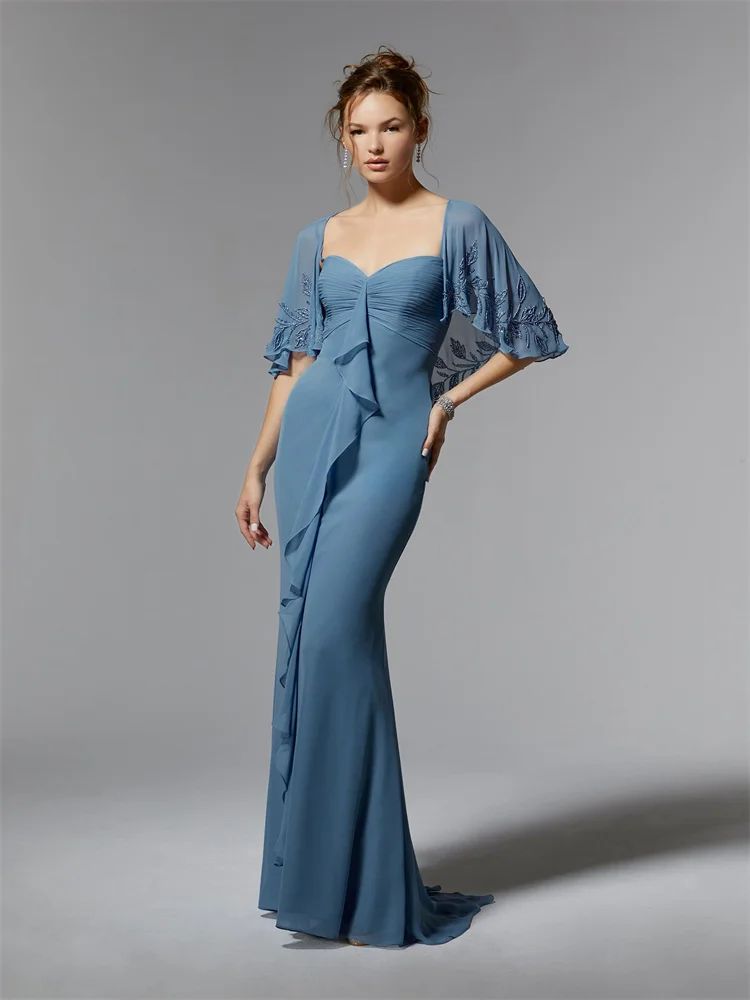 New Arrival Sweetheart Neck Cape Sleeve Chiffon Sheath Mother Of The Bride Dress Elegant Back Zipper Gowns For Wedding Guests
New Arrival Sweetheart Neck Cape Sleeve Chiffon Sheath Mother Of The Bride Dress Elegant Back Zipper Gowns For Wedding Guests