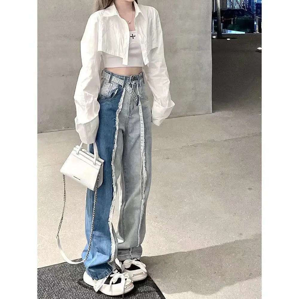 Two Color Patchwork Wool Whisker Wash Denim Trousers Fashion Brand Personality Straight Loose Women Long Jeans Belt Lace Up 2XL
Two Color Patchwork Wool Whisker Wash Denim Trousers Fashion Brand Personality Straight Loose Women Long Jeans Belt Lace Up 2XL