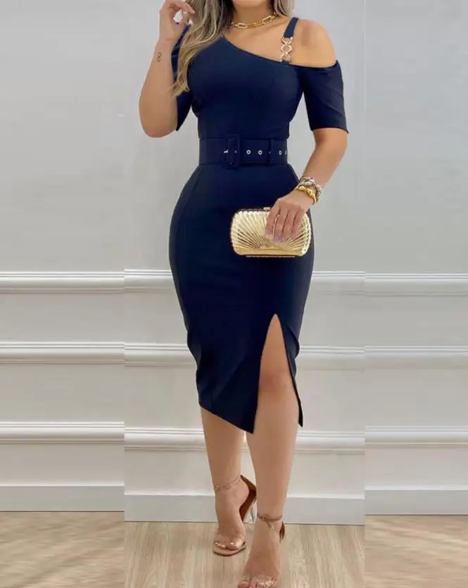 

Women's Elegant Chain Strap Cold Shoulder Belted Slit Midi Dress 2024 New Spring Sexy Plain Puff Sleeve Slim Fit Midi Dress