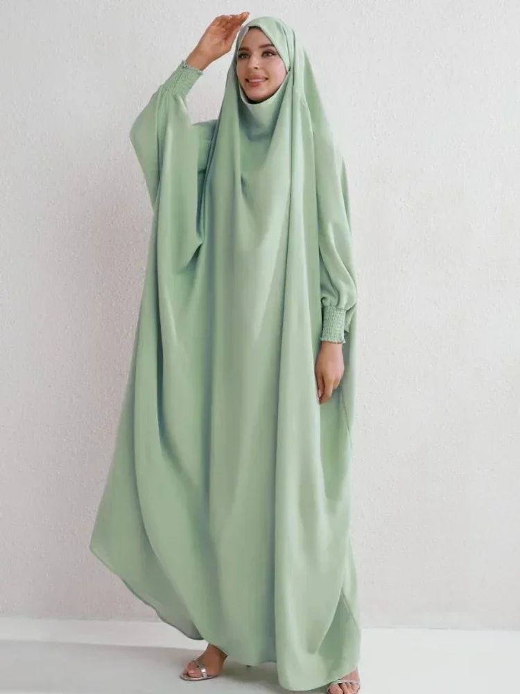 

Ramadan Hooded Abaya Muslim Smocking Sleeve Jilbab One Piece Prayer Dress Women Islamic Clothing Dubai Saudi Robe Turkish Niqab