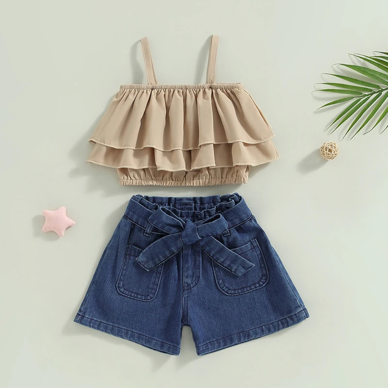 3-8Y Kids Girl Summer Outfits Solid Color Ruffles Sleeveless Cami Tops Elastic Waist Denim Shorts with Belt 2Pcs Clothes Set
3-8Y Kids Girl Summer Outfits Solid Color Ruffles Sleeveless Cami Tops Elastic Waist Denim Shorts with Belt 2Pcs Clothes Set