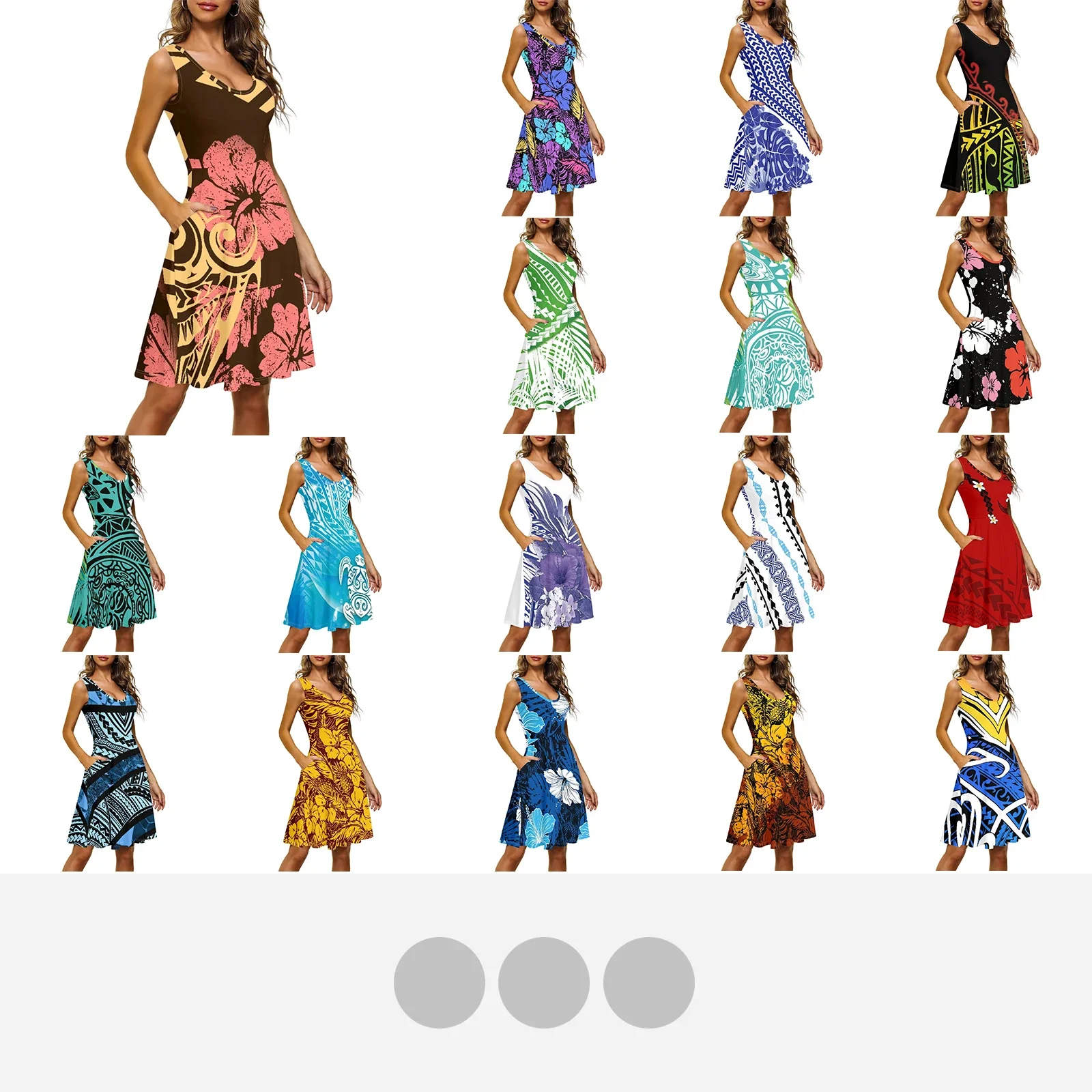 

Women's Slim Knee-Length Sleeveless Hibiscus Sling Dress, Tattoo Print, Polynesian Tribal, Hawaiian Totem, Beach Party Dresses