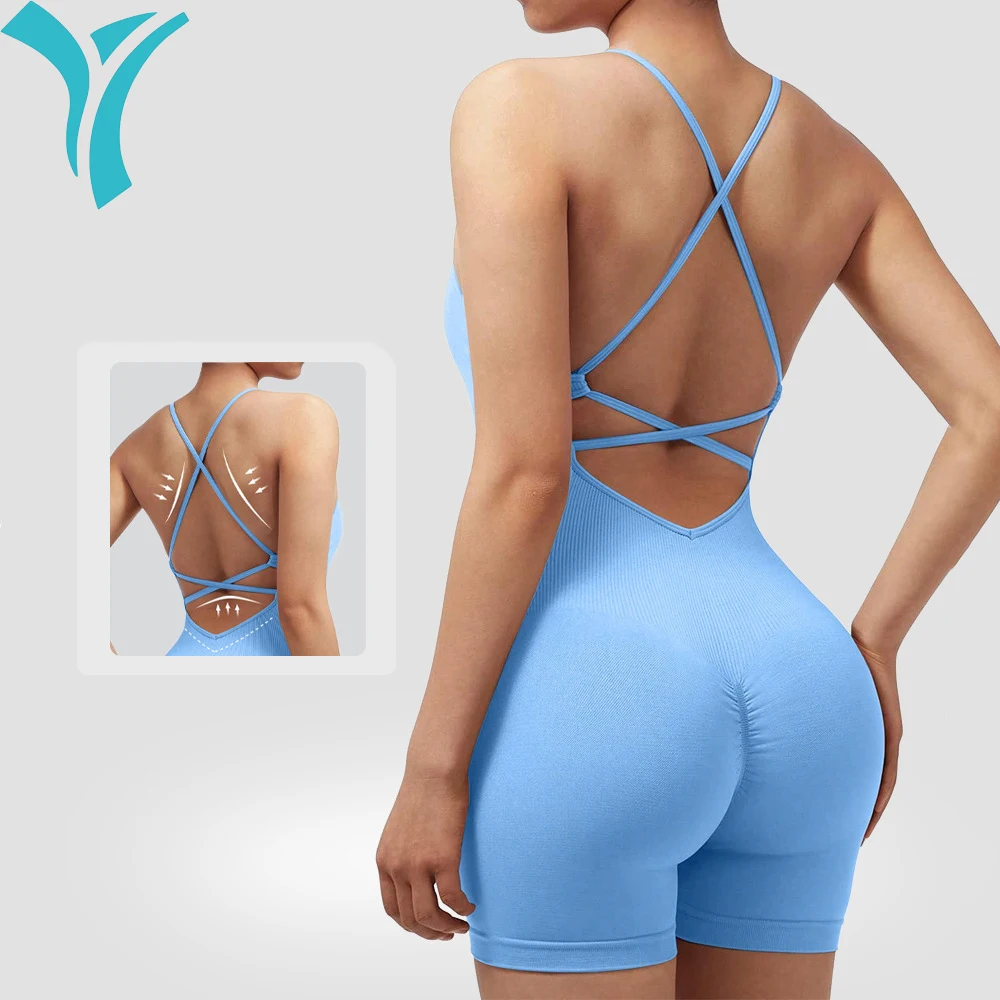 

Yoga Sxy Criss Cross Backless Cami Sports Romper,Women's Jumpsuits Ribbed One Piece Workout Sleeveless Rompers Tank Top Shorts