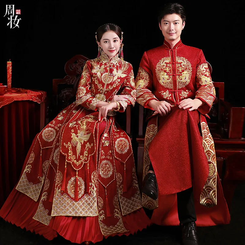 Exquisite Bride Phoenix Embroidery Wedding Dress Elegant Mandarin Collar Cheongsam Chinese Marriage Set
Exquisite Bride Phoenix Embroidery Wedding Dress Elegant Mandarin Collar Cheongsam Chinese Marriage Set
