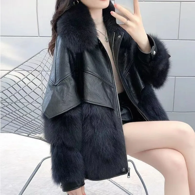 

2023 Winter New Korean Version Fur Coat Women's Leather Faux Fox Hair Mid Length Thickened Haining Fashion High Grade Cozy Coat