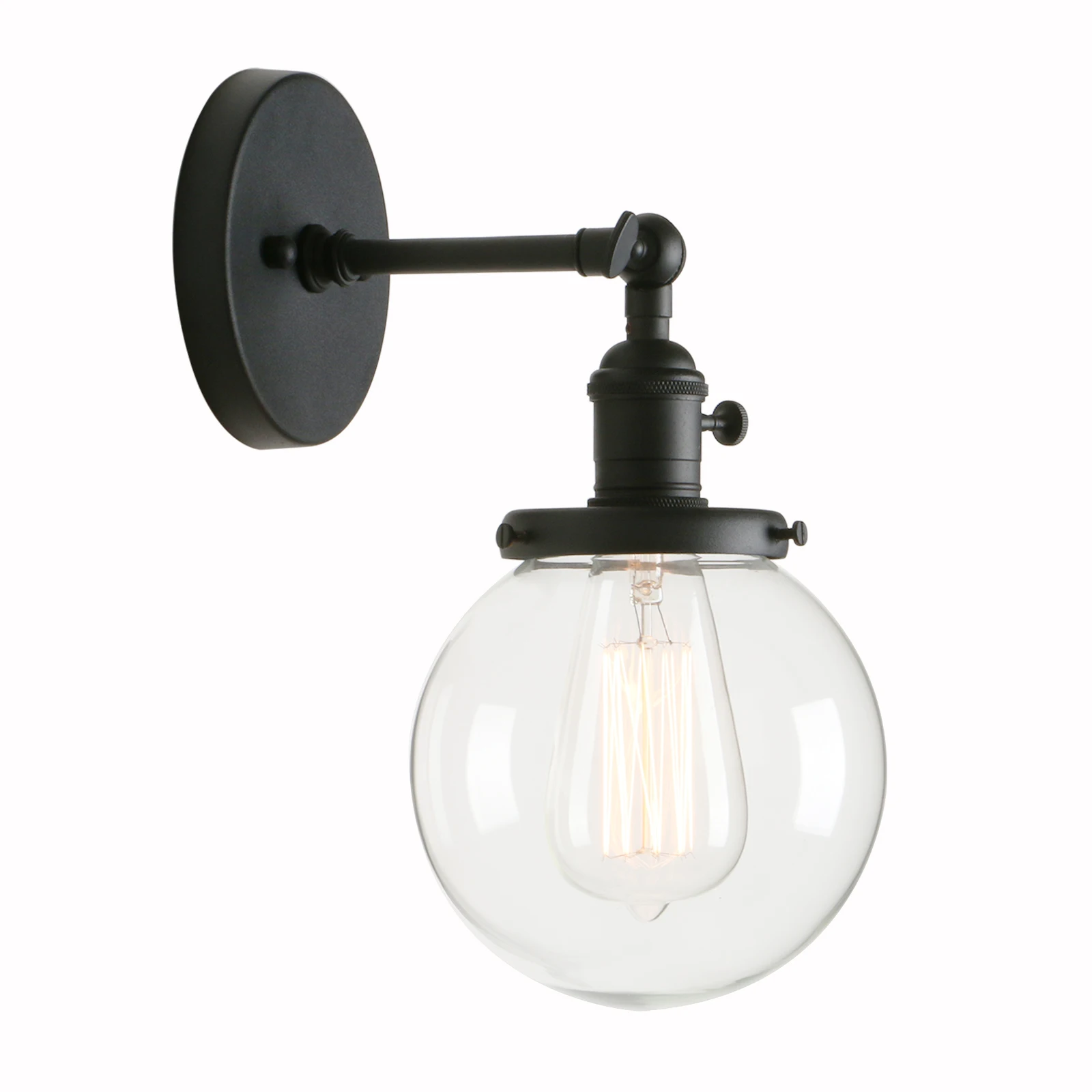 

Phansthy Vintage Industrial Wall Sconce Lighting Fixture with Mini 5.9" Round Clear Glass Globe Hand Blown Shade (Black)