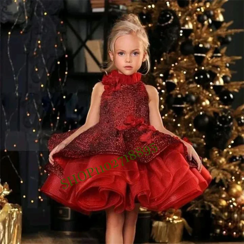 

Red Glitter Tulle Puffy High Neck Flower Girl Dress For Wedding 3d Applique With Bow Child First Eucharistic Birthday Party Gown