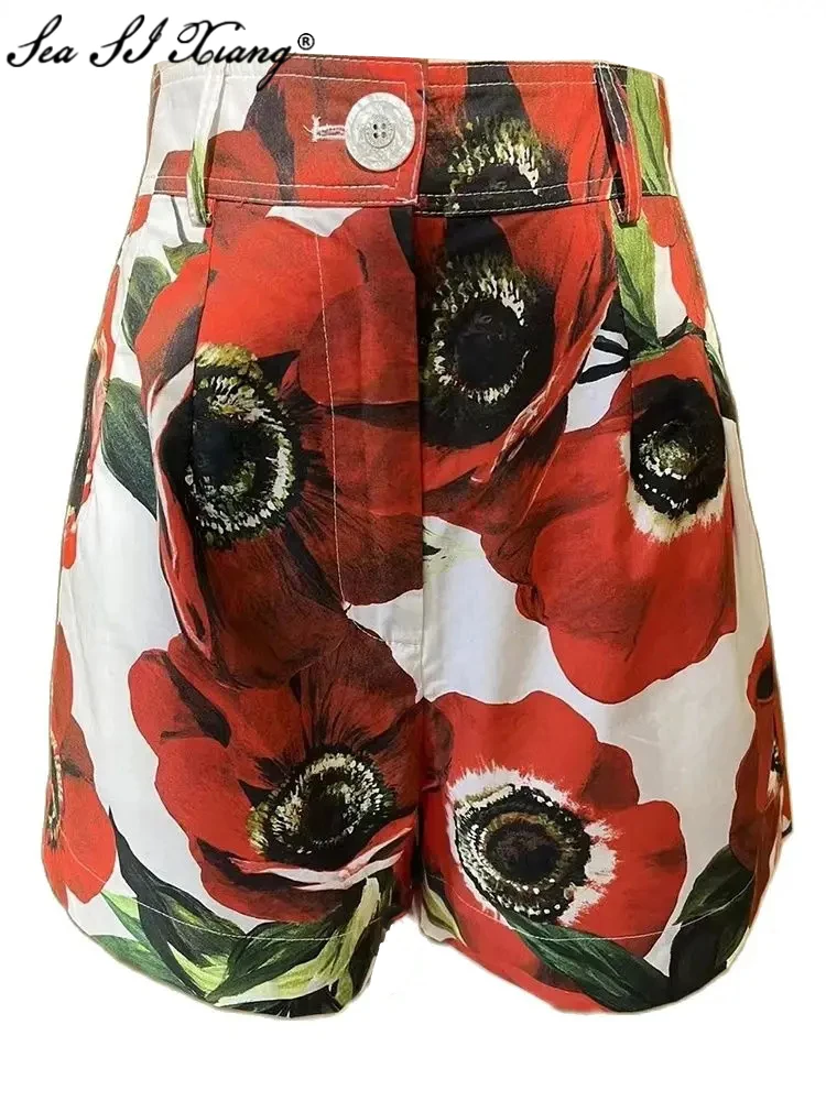 

Seasixiang Fashion Designer Spring Cotton Sicily Shorts Women Sea Anemone Floral Print Beach Style Vacation Shorts