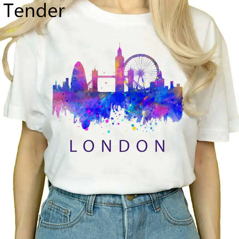 

London City Watercolor New York City Landmark Skyline Tshirt Women New White Short Sleeve Casual Homme Cool T Shirt Roma Paris