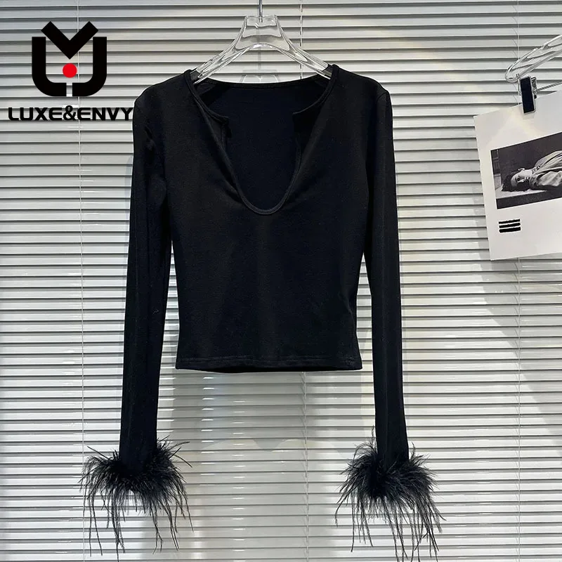 

LUXE&ENVY New Niche Ostrich Hair Cuff Solid Dark Spicy Girl Long Sleeve T-shirt For Women 2023 Autumn