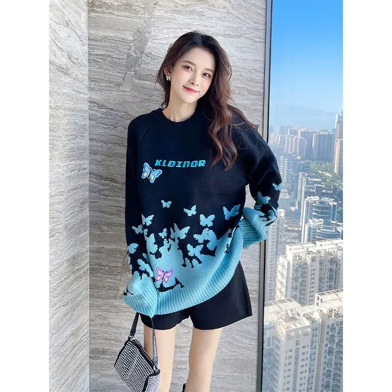 

Sandro Rivers French Soft Glutinous Butterfly Embroidered Sweater Winter New Light Luxury Loose Sweater Top for Women Round Neck