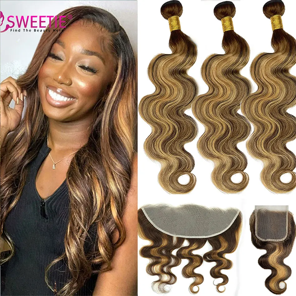

Highlight Body Wave Bundles With Frontal Ombre Honey Blonde 13x4 Lace Frontal With Bundles P4/27 Brown Bundles Hair Extension