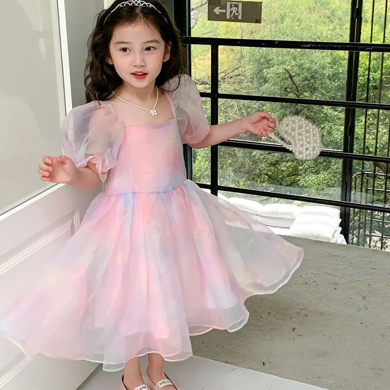 

Летнее платье для девочек, новинка 2024, повседневное и удобное, цветное Сетчатое платье принцессы с пышными рукавами, модная свободная одежда для девочек
