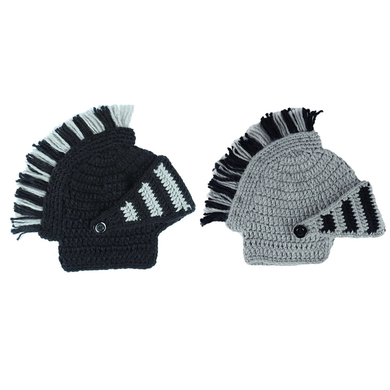 

Unisex Funny Chunky Knit Roman Knight Helmet Hat Contrast Color Tassel Barbarian Earflap Beanie Skull Cap with Face Mask
