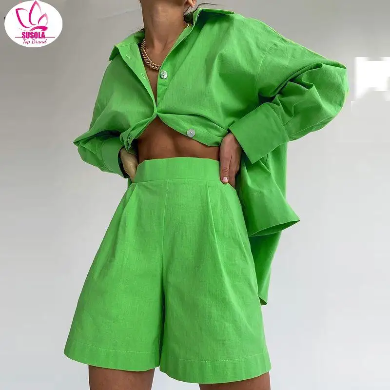 SUSOLA Casual Women Short Set Tracksuit Loungewear Two Piece Women Outfits Oversized Long Shirt And High Waist Shorts Green
SUSOLA Casual Women Short Set Tracksuit Loungewear Two Piece Women Outfits Oversized Long Shirt And High Waist Shorts Green