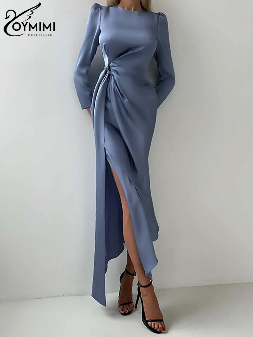 

Элегантное синее женское платье Oymimi с круглым вырезом, модные однотонные платья на запястье со шнуровкой, повседневные новые женские платья до середины икры С Боковым Разрезом