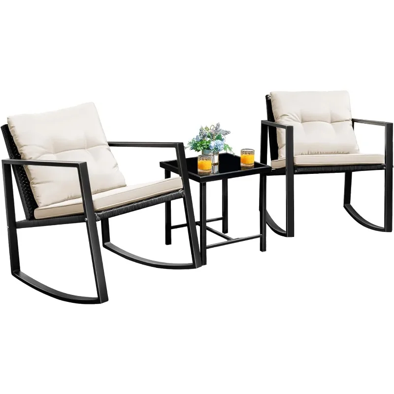 

Flamaker Patio Chairs 3 Piece Wicker Rocking Chair Outdoor Bistro Sets wit Coffee Table and Cushions Metal Frame Patio Furniture