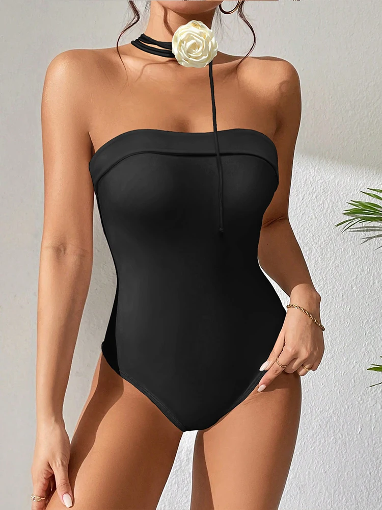 

Clothing Black One Piece Swimsuit Woman 2024 Luxury Bandeau Swimwear Korea Style Bride Swimsuit Beachwear Monokini Bodysuit