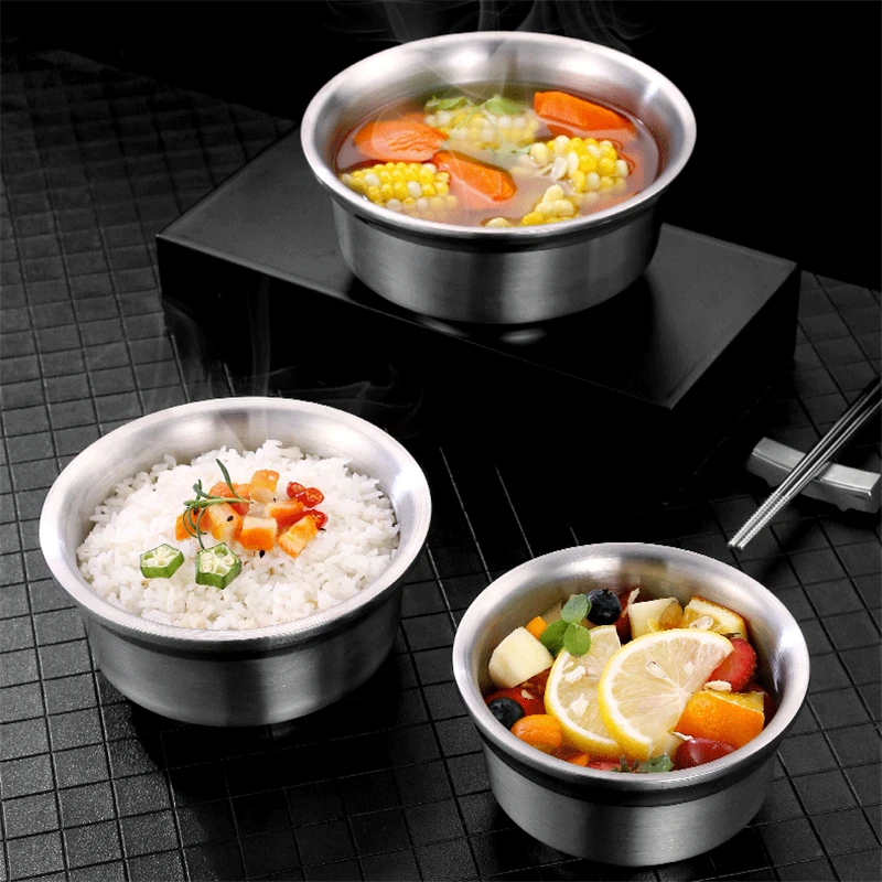 

304 Heat Insulated Stainless Steel Bowl Three-layer Rice Soup Noodles Salad Bowls For Children Anti-scald Food Containers