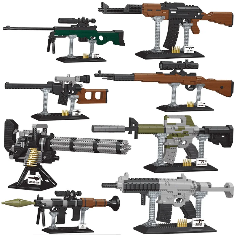 

Военная техническая снайперская винтовка 98K AK47, модель пулемета, строительные блоки Micro Gatling HK416C M4AL, Алмазные Кирпичи, игрушки, подарок
