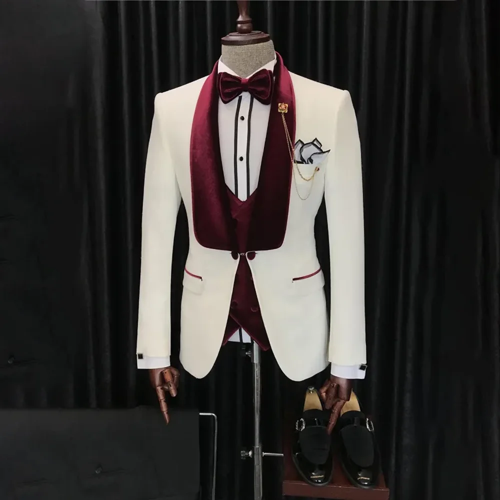 

High-end Velvet Shawl Lapel Men Suits 3 Piece Fashion Solid Groom Wedding Party Tuxedo Elegant Prom Banquet Dinner Male Suit