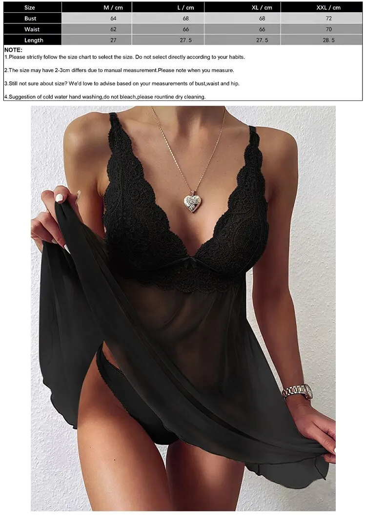 Chemise de nuit sexy en dentelle transparente pour femmes, sous-vêtements lingerie sexy Chemise de nuit sexy en dentelle transparente pour femmes, sous-vêtements lingerie sexy
