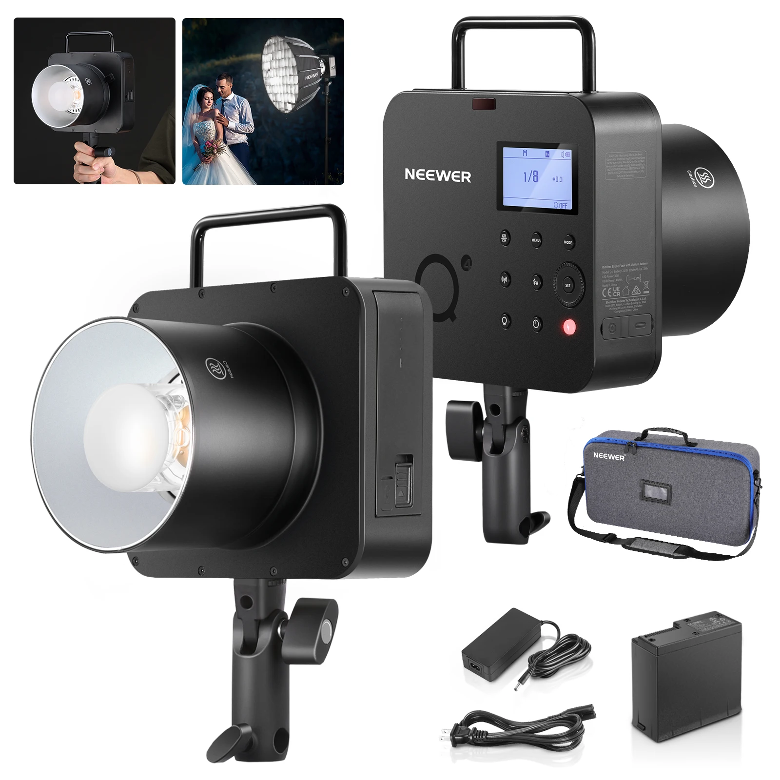 

NEEWER Q4 400Ws 2.4G TTL Outdoor Studio Flash Strobe (New Look),1/8000 HSS 2800mAh Battery Powered Photography Monolight