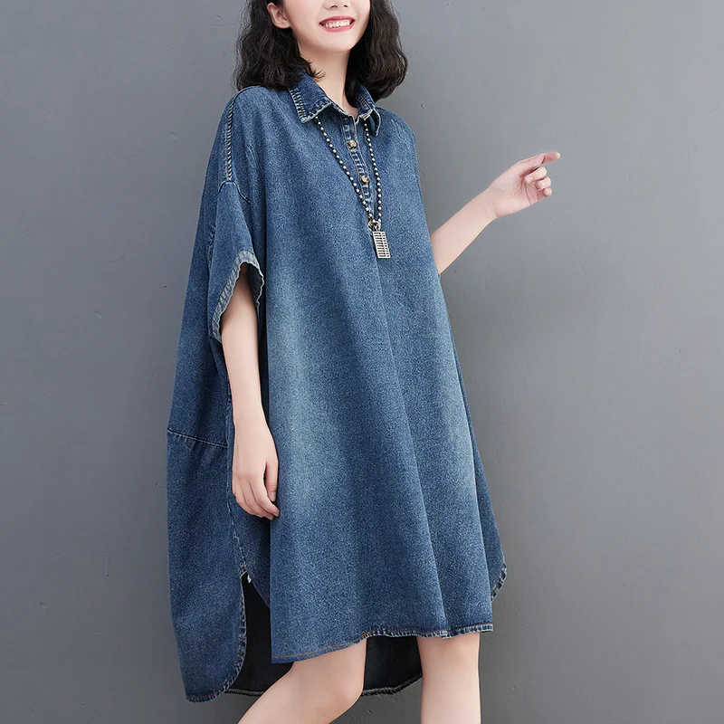 #2743 Vintage Denim Dress Women Polo-neck Loose Mini Dress Short Sleeve Retro Short Shirt Dress Ladies Irregular Dresses Summer
#2743 Vintage Denim Dress Women Polo-neck Loose Mini Dress Short Sleeve Retro Short Shirt Dress Ladies Irregular Dresses Summer