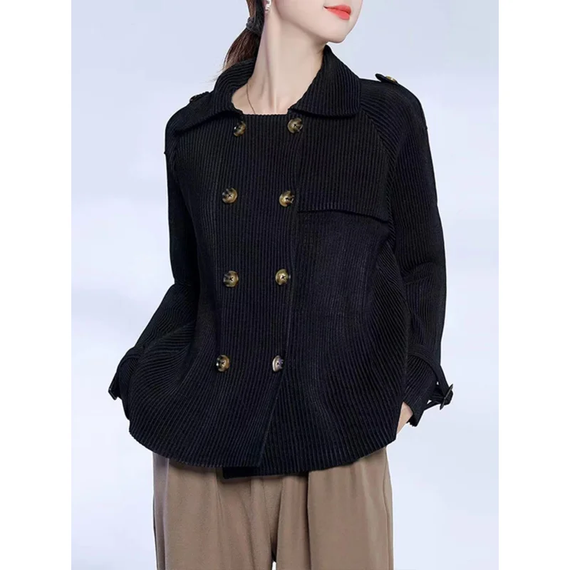 

Pleated Lapel Jackets Women Full Sleeve Double Breasted Solid Color Versatile Office Lady New Autumn Fashion Tops 291654