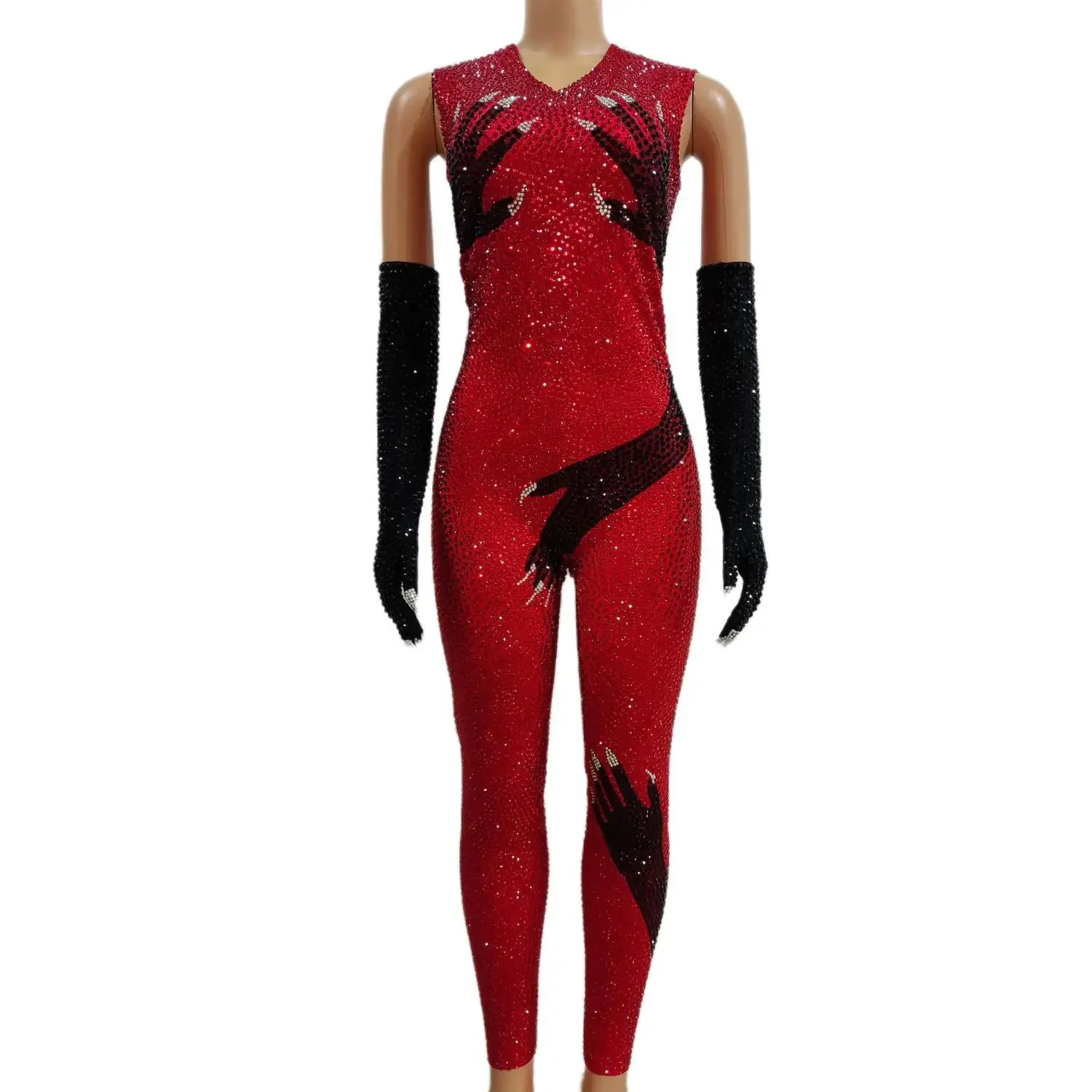 Red Csrytal Long Golves Jumpsuit Black Hands Tights Bodysuit Black Girl Singer Nightclub Stage Wear Party Show Costume Heishou
Red Csrytal Long Golves Jumpsuit Black Hands Tights Bodysuit Black Girl Singer Nightclub Stage Wear Party Show Costume Heishou