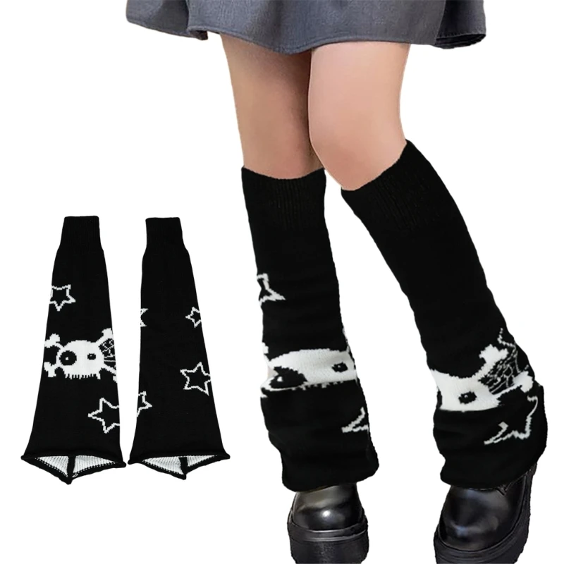 

Готические панк-расклешенные гетры женские Y2K Harajuku вязать в полоску с черепом широкие ноги до колена длинные носки на