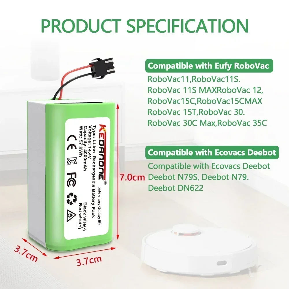 14.4V 4.0Ah Li-ion battery for Cecotec Conga Excellence 950 990 1090 Ecovacs Deebot DN621 601/605 Eufy RoboVac 35C Panda i7 V710
14.4V 4.0Ah Li-ion battery for Cecotec Conga Excellence 950 990 1090 Ecovacs Deebot DN621 601/605 Eufy RoboVac 35C Panda i7 V710