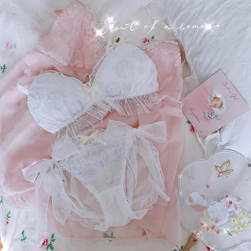 

Gathered lolita bra and panty set soft super fairy sweet lingerie with underpants suit sexy lace no steel ring girl underwear se