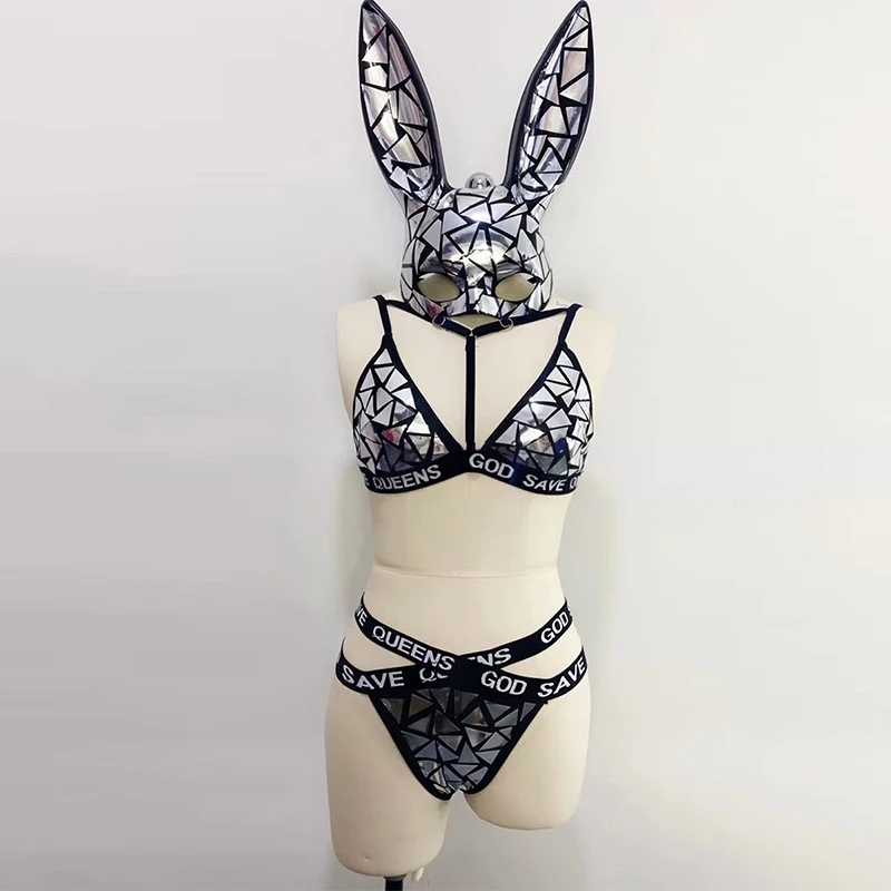 Silver Mirror Sequins Bikini Sexy Pole Dance Costume Rabbit Mask Adult Party Rave Outfit Nightclub Gogo Dancer Clothes
Silver Mirror Sequins Bikini Sexy Pole Dance Costume Rabbit Mask Adult Party Rave Outfit Nightclub Gogo Dancer Clothes