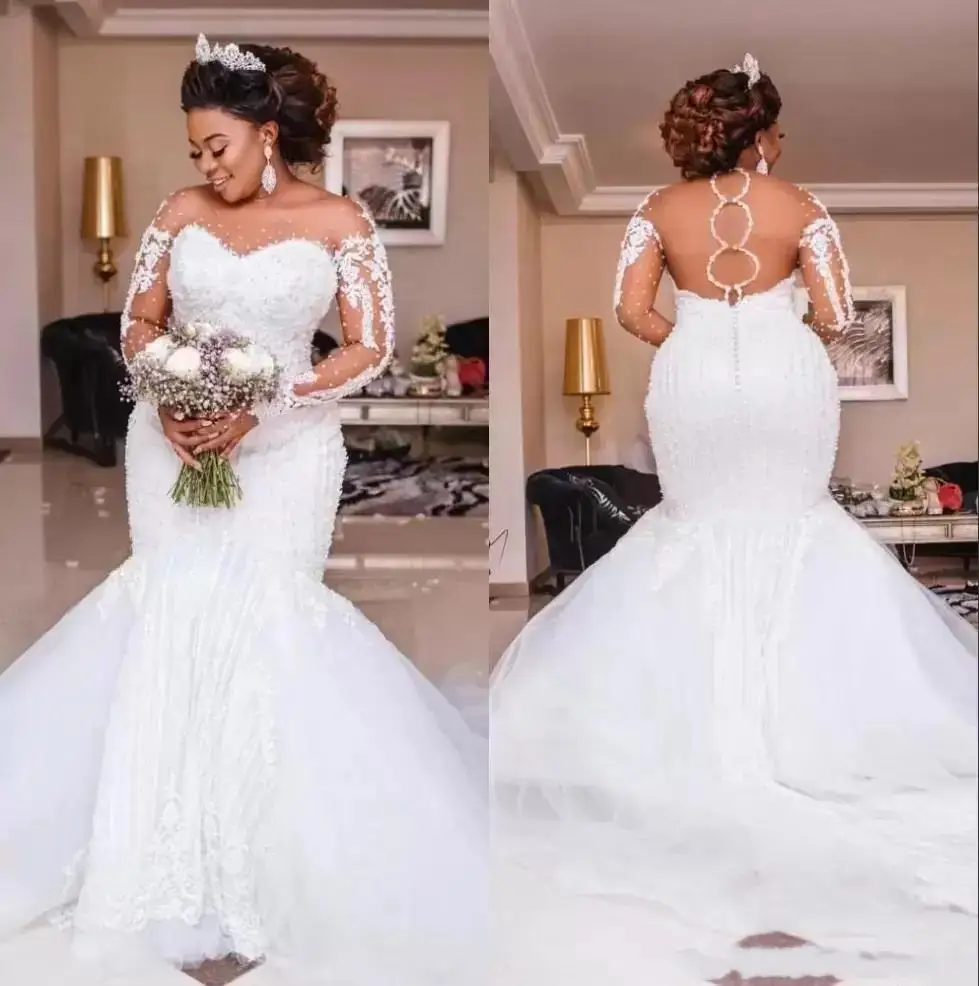 

Beading Mermaid Dresses Long Sleeve Appliques Pearls African Wedding Gowns Plus Size Bridal Vestido De Noiva
