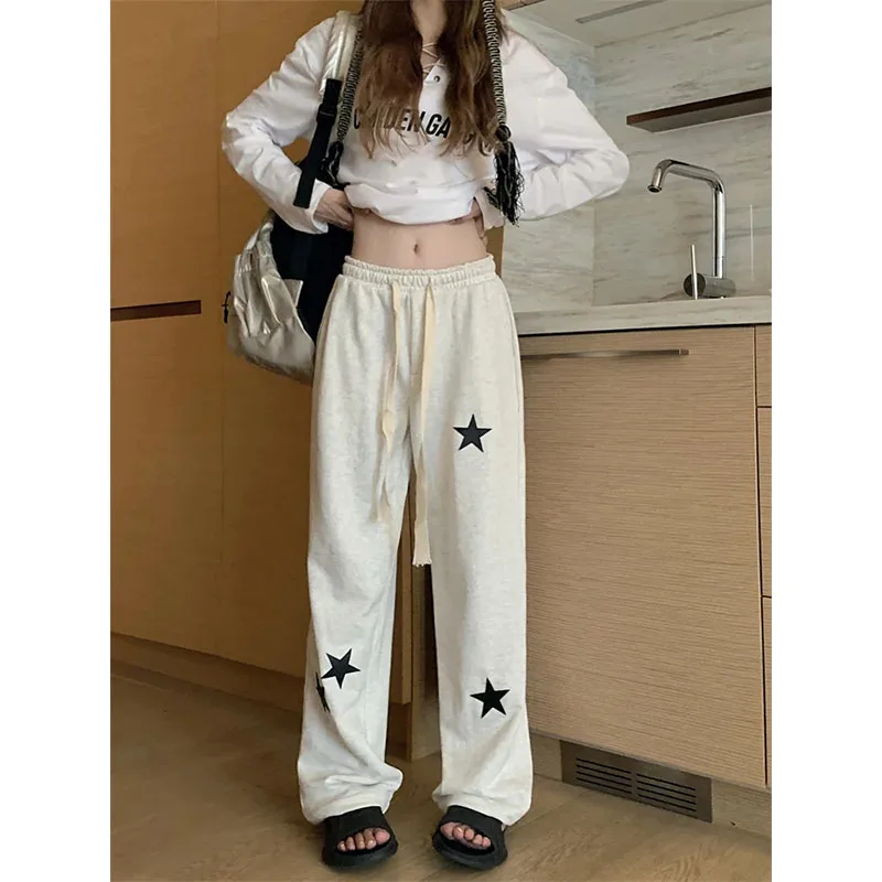 

Корейские модные серые Джоггеры со звездами спортивные брюки для женщин оверсайз хип-хоп Harajuku прямые широкие спортивные брюки Kpop мешковатые брюки