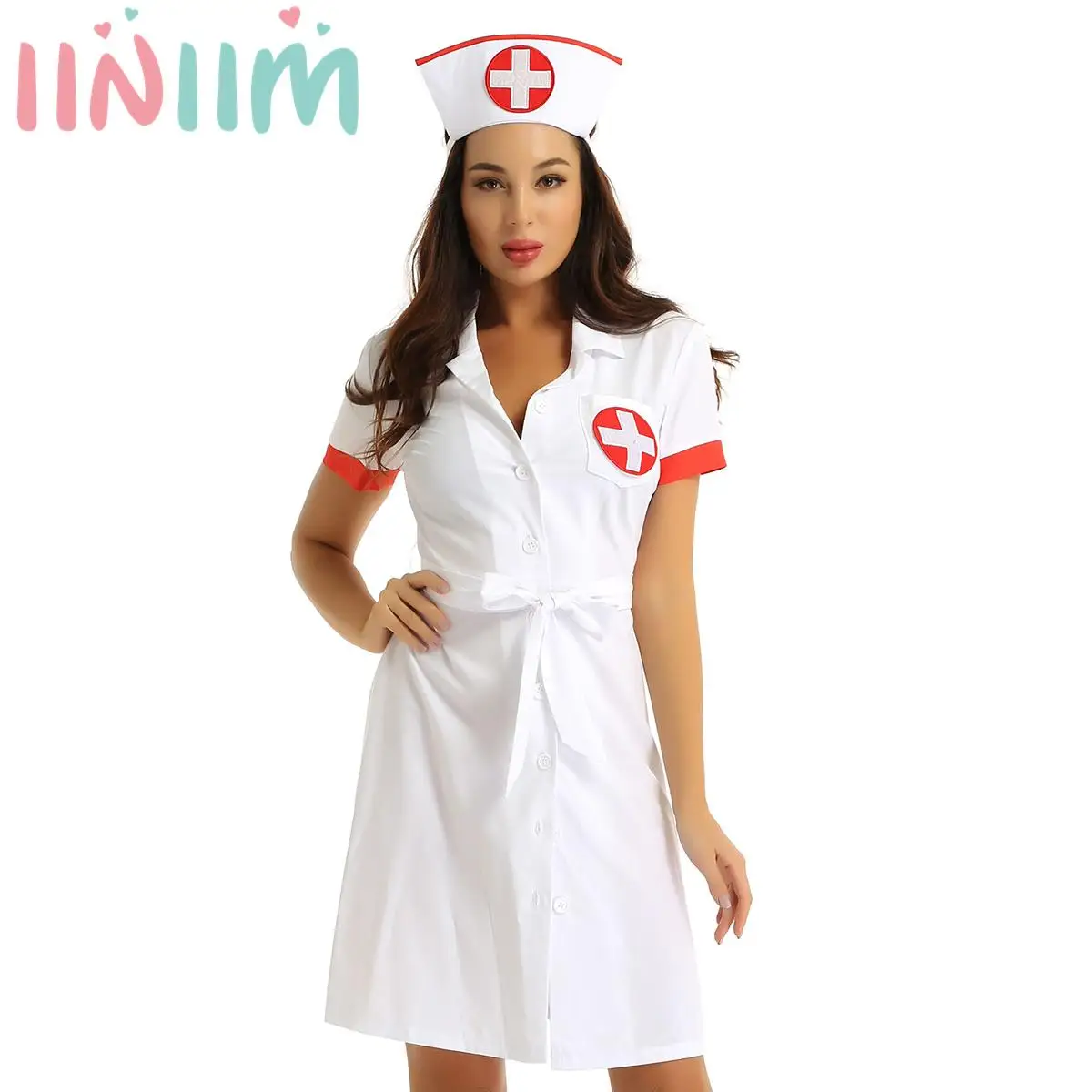 

Women Nurse Cosplay Fancy Dress Halloween Costume Doctor Uniform Party Role Play Outfit Hospital Red Cross Belt Dress with Hat