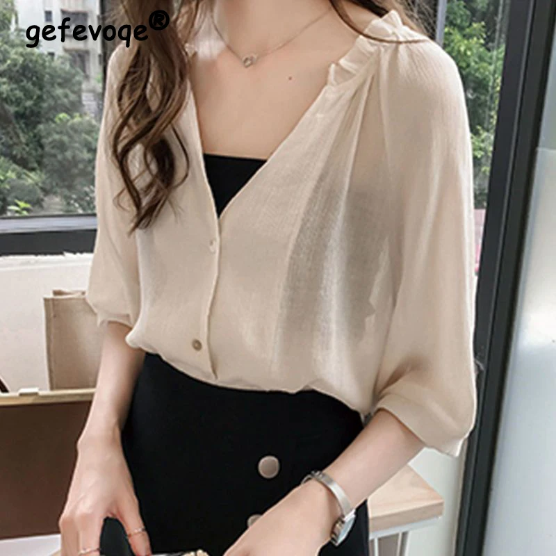 

Ruffled V Neck Short Sleeve Solid Simple Casual Street Button Up Shirt Summer Korean Style Loose Chiffon Top Blouse Blusas Mujer