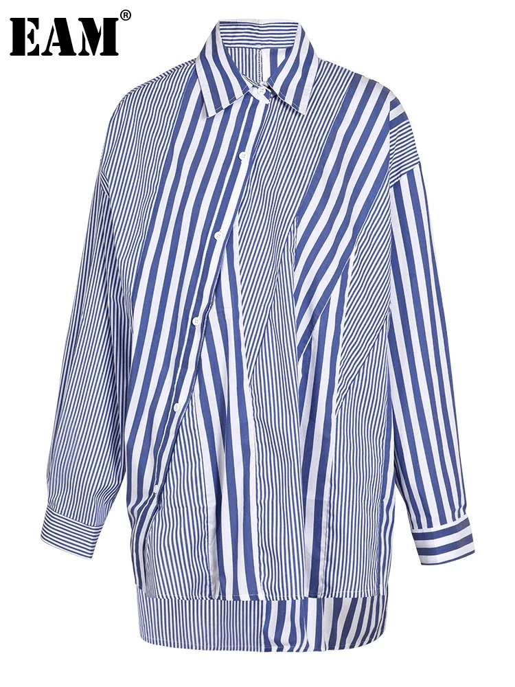 

[EAM] женская синяя Асимметричная блузка в полоску большого размера, новая свободная рубашка с длинными рукавами и отворотом, модная демисезонная 2024 1DF03700