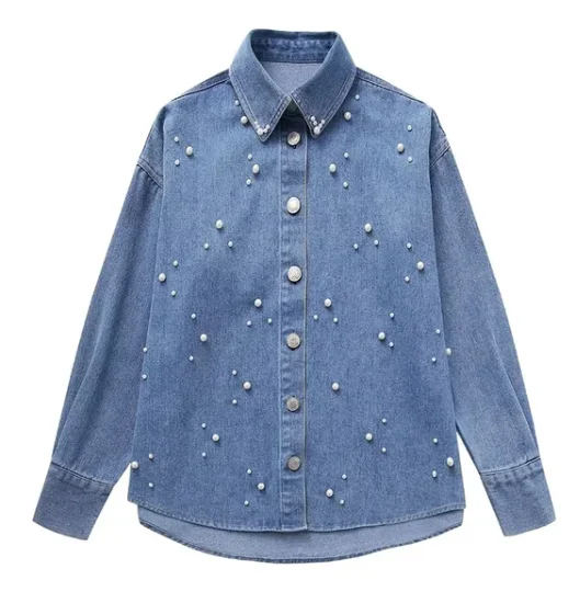 

Autumn New Women's Pearl Embellished Denim Shirt French Style Fashion Buttons Long Sleeve Loose Crop Top Chemise