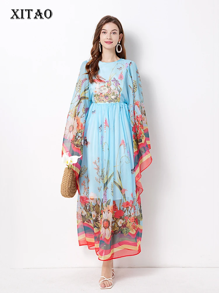 

Повседневное платье XITAO с принтом, пуловер с круглым вырезом и расклешенными рукавами, элегантное темпераментное свободное весеннее женское платье-трапеция, LYD1708