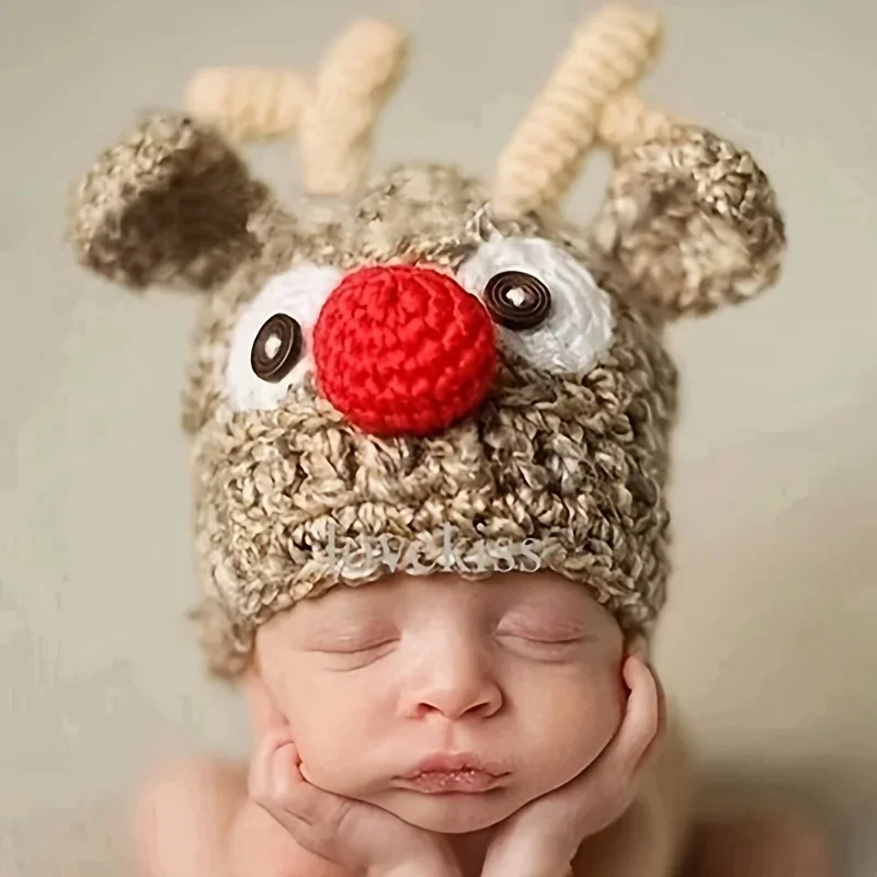 

Christmas Hand Knitted Deers Hats Newborn Photography Props Boy Animal Beanie Hats Newborn Photography Outfit Photoshoot Outfit