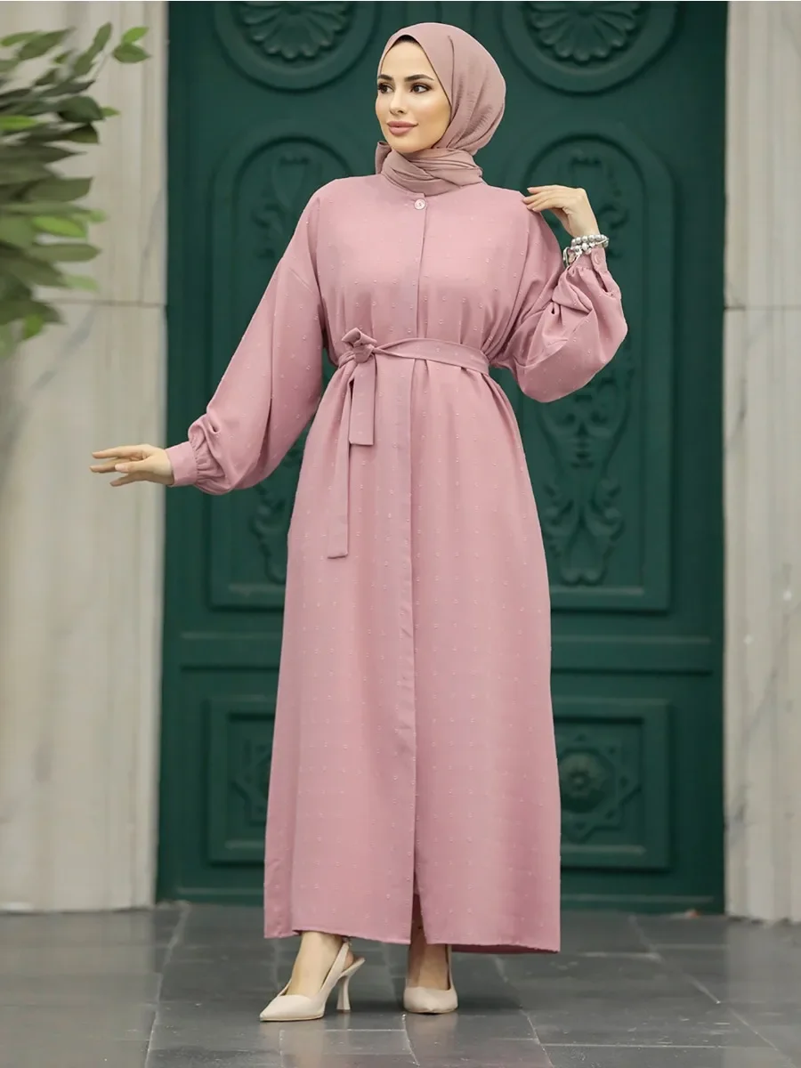 

Jacquard Weave Floral Muslim Abaya Dress for Women Eid Morocco Ramadan Lace-up Vestidos Largo Kaftan Islam Dubai Arab Long Robe
